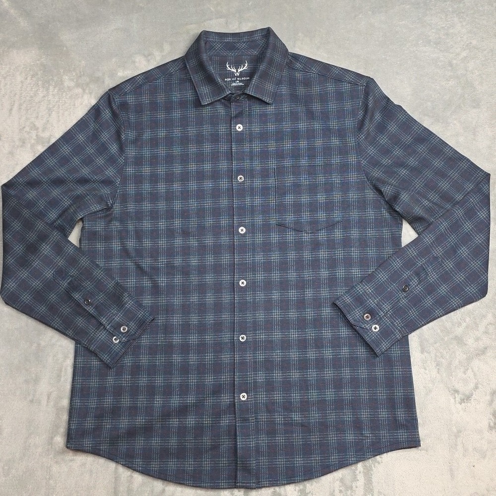 Age of Wisdom Mens Soft Long Sleeve Button Up Plaid Shacket‎ Size L Blue Grey
